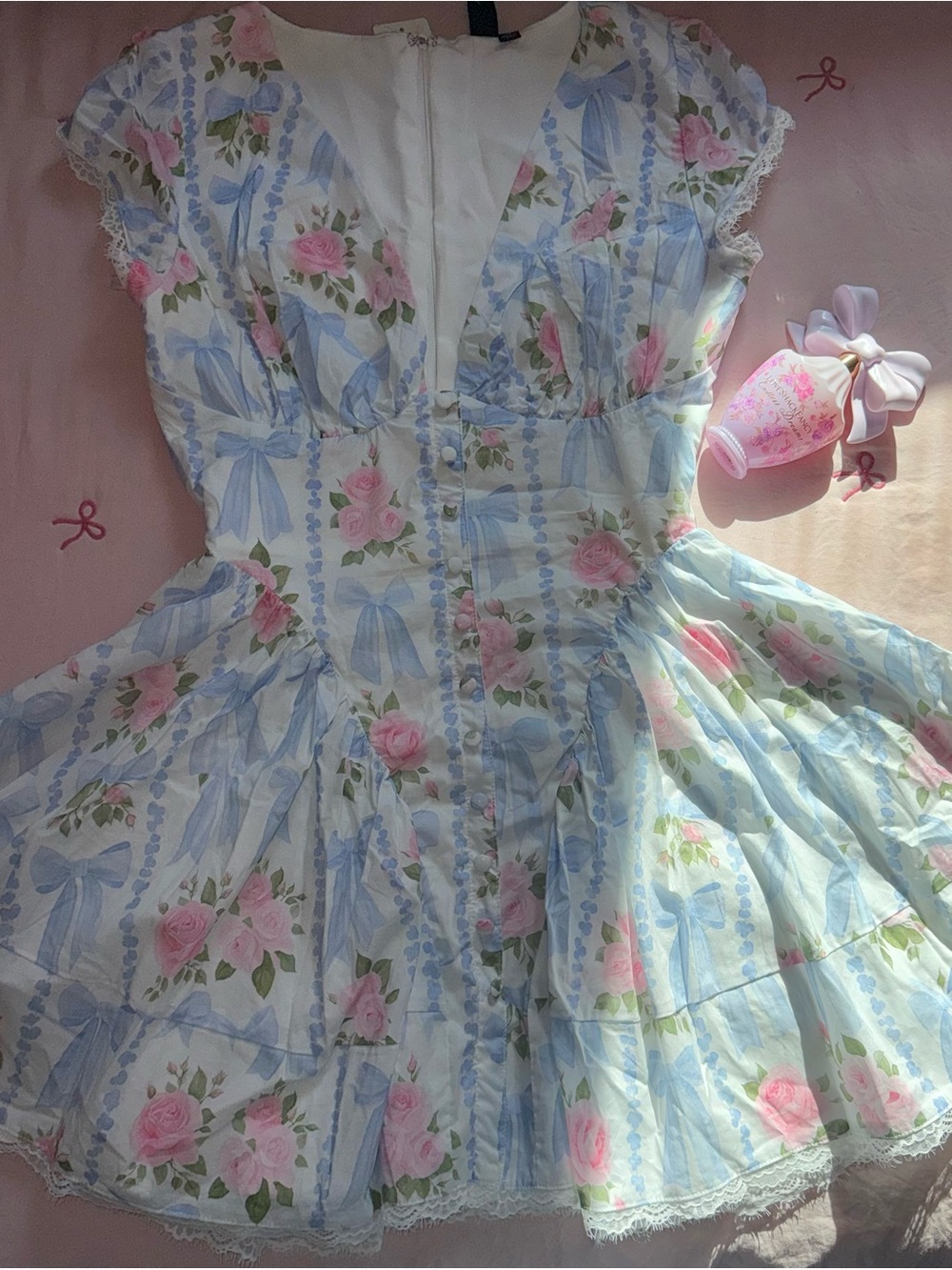 Windsor Floral Bow Print Dress in Pink and Light Blue
